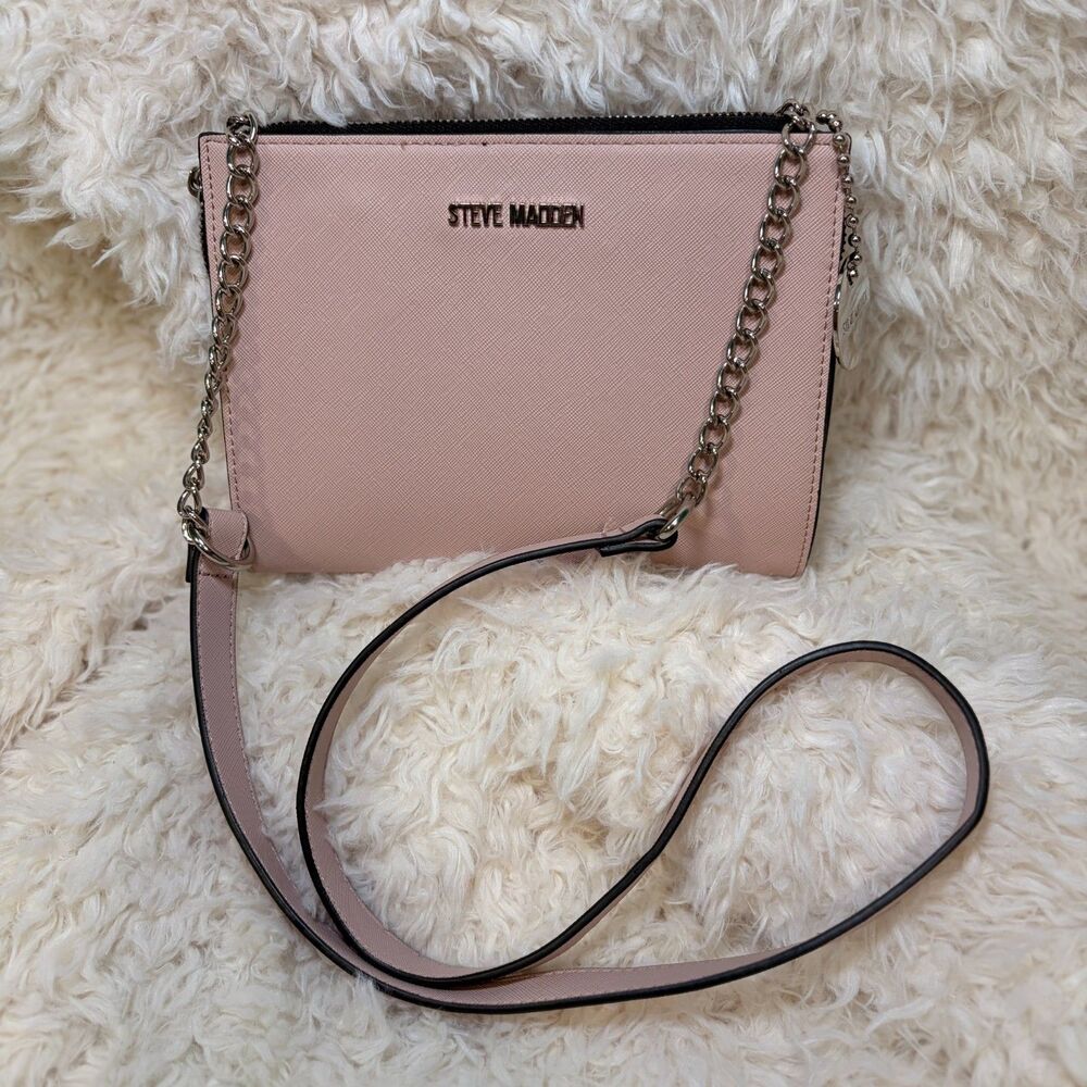 Steve Madden Blush Pink Crossbody Purse Coquette Silver Chain Saffiano Leather